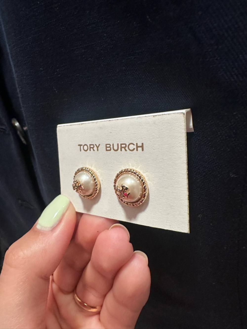 Tory Burch Gold and Pearl Logo Button Earrings NWOT